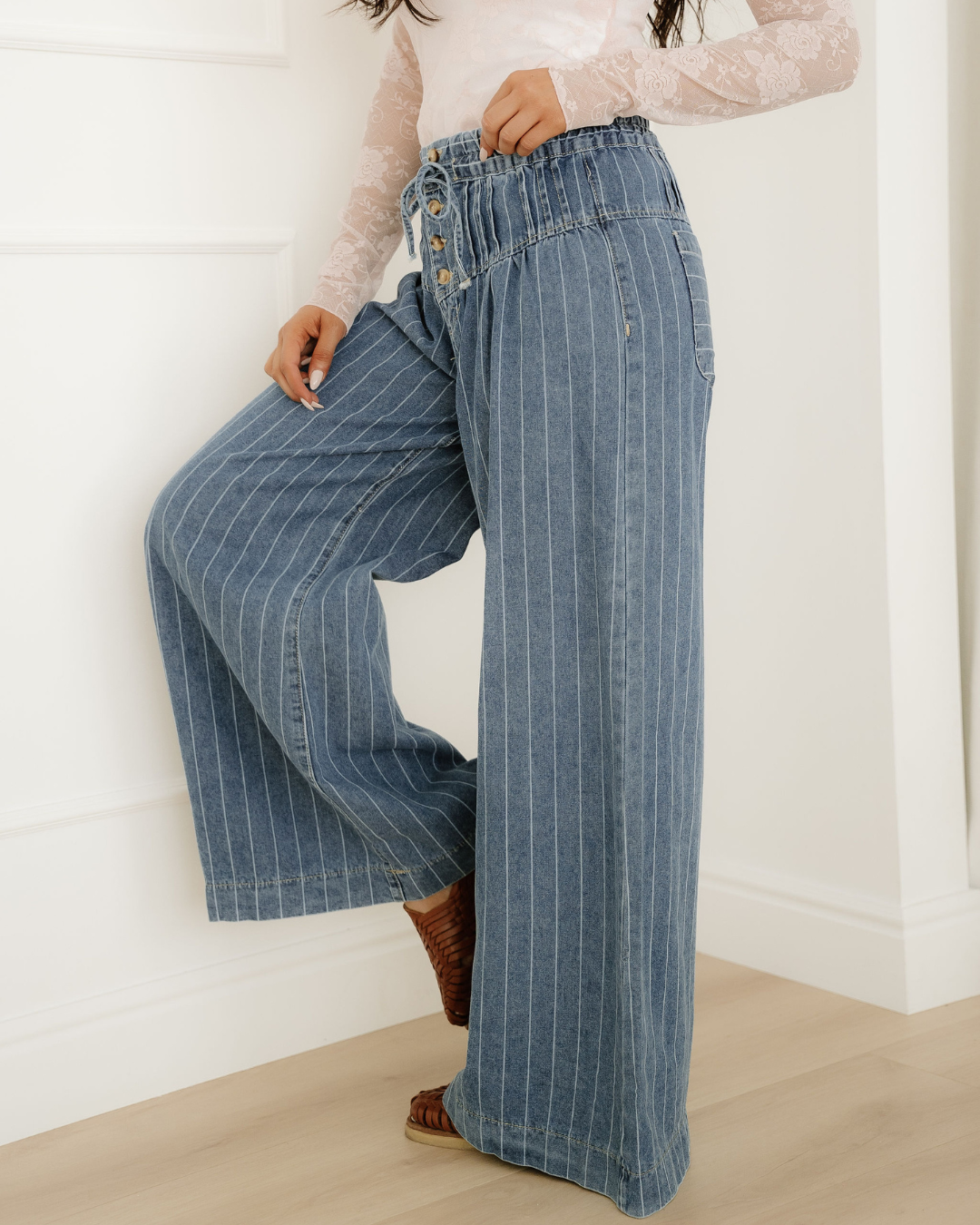 Cora Stripe Button Pleated Drawstring Waist Casual Wide Leg Jeans
