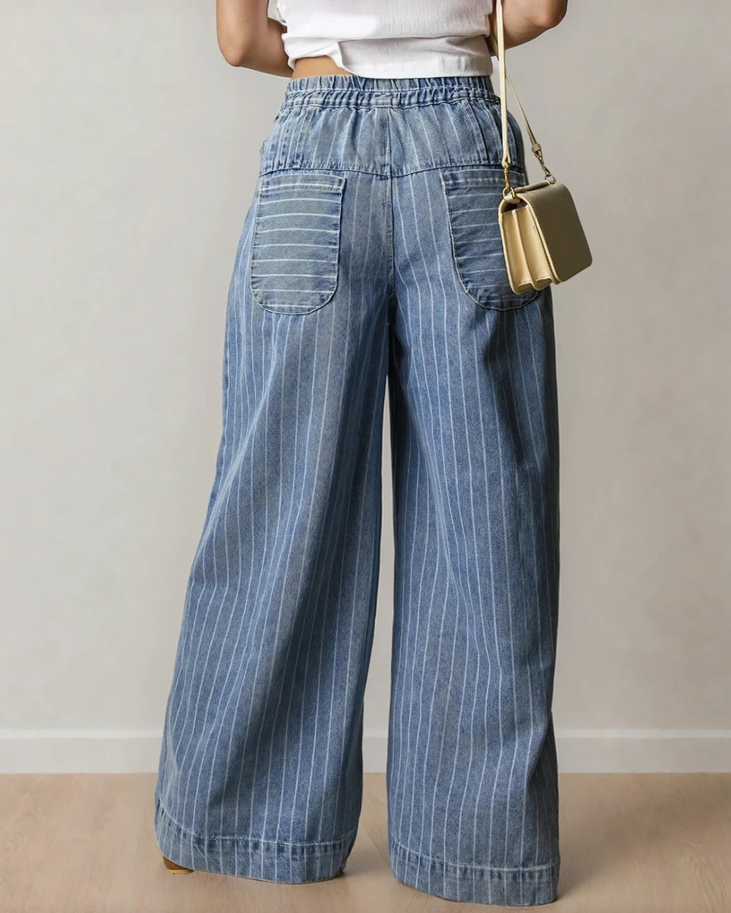 Cora Stripe Button Pleated Drawstring Waist Casual Wide Leg Jeans