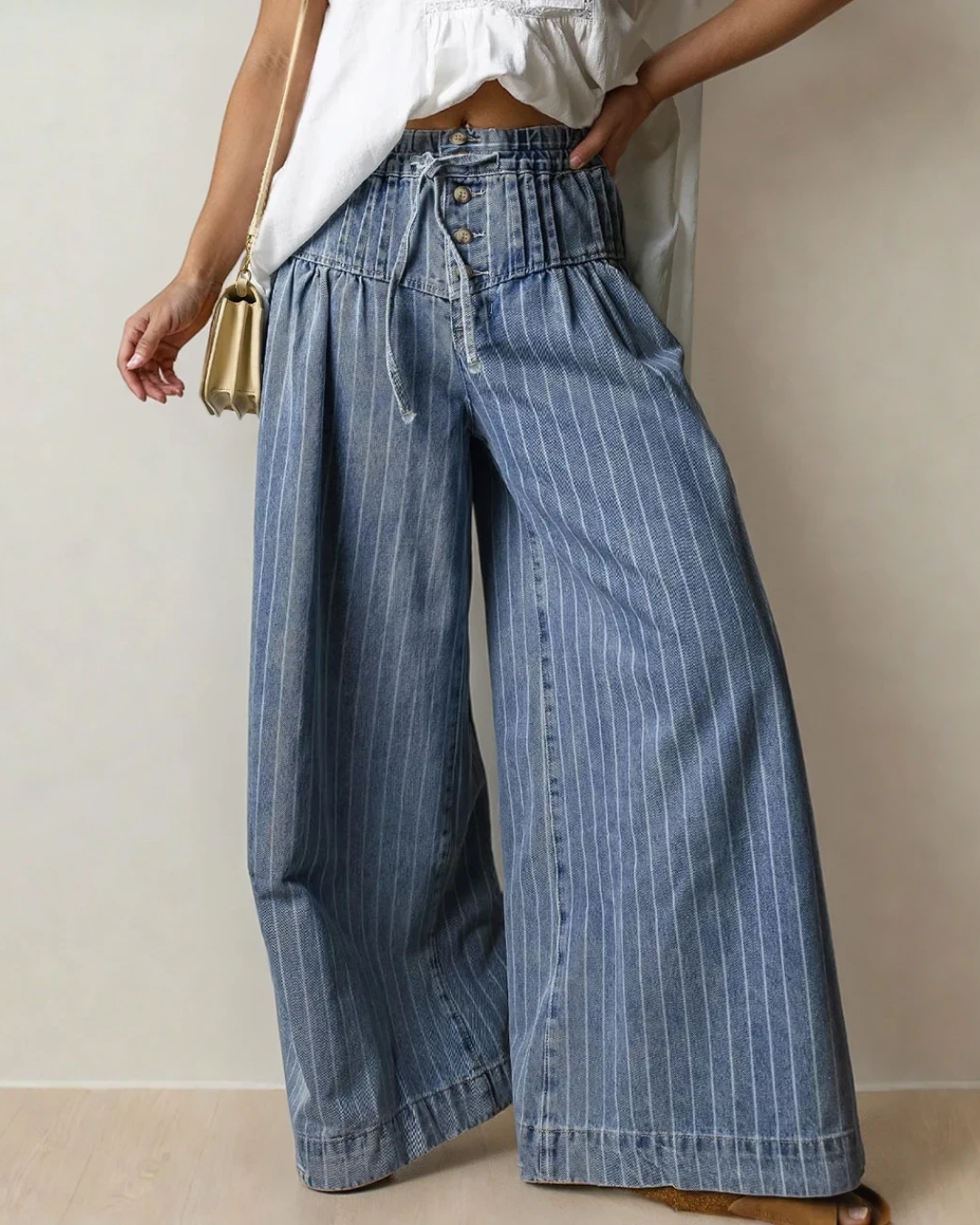 Cora Stripe Button Pleated Drawstring Waist Casual Wide Leg Jeans