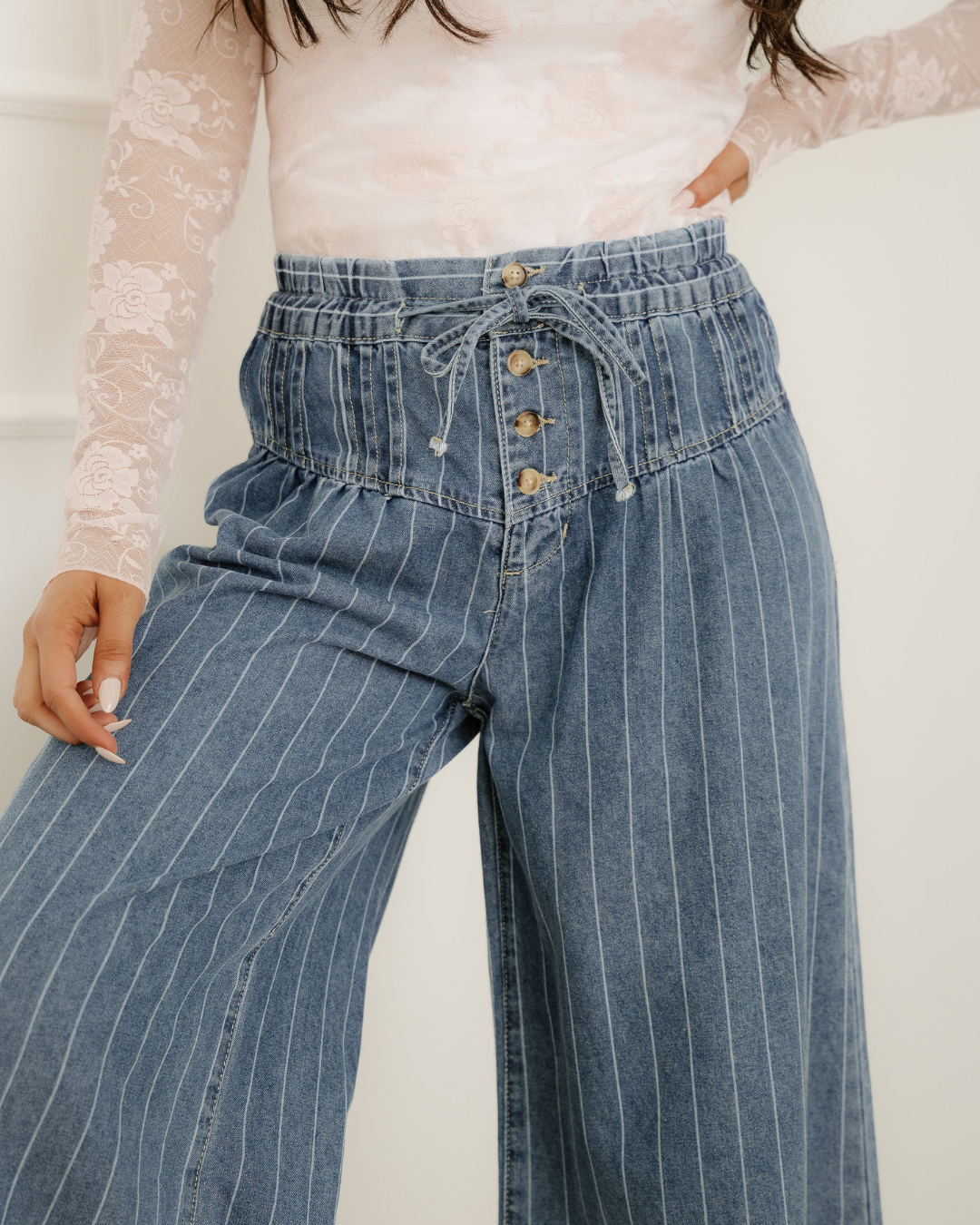 Cora Stripe Button Pleated Drawstring Waist Casual Wide Leg Jeans