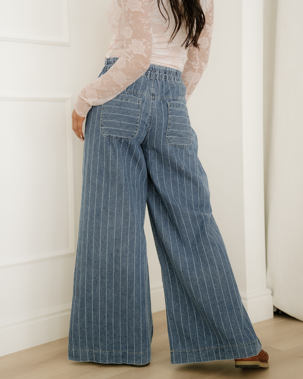 Cora Stripe Button Pleated Drawstring Waist Casual Wide Leg Jeans